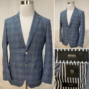HUGO BOSS Super 100s Blue Windowpane Plaid Hartlay Slim Vented 36S Blazer Jacket